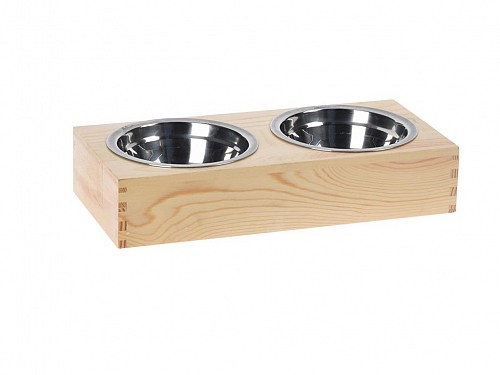 Μπωλ Φαγητού και Νερού για Σκύλους και Γάτες Χωρητικότητας 300 ml σε Ξύλινη Βάση, 30x14x6 cm