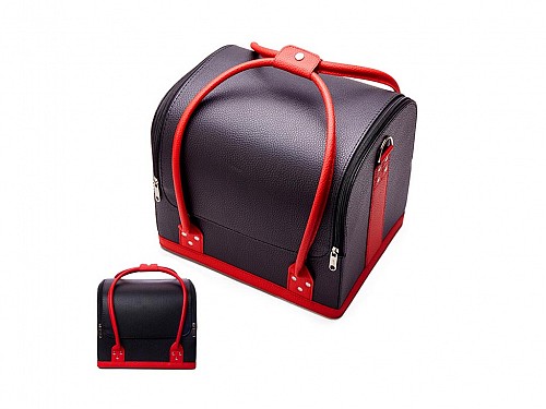 Women's Cosmetic Toiletry Bag in Black Red Color from Eco Leather, 24x30x27 cm