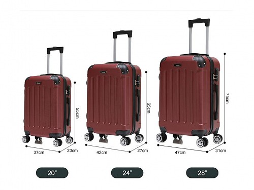 Set of 3 Travel Suitcases with Telescopic Handle Wheels and Safety Lock in Red
