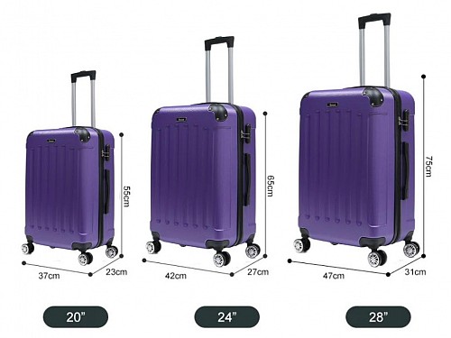 Set of 3 Travel Suitcases with Telescopic Handle Wheels and Safety Lock in Purple, ABS01 PUR