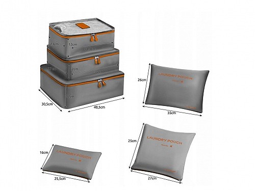 Set of travel bags for organization and laundry, 6 pieces, waterproof in gray color, 40.5x30.5x12 cm