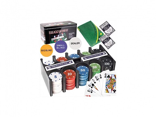 Poker Set in a metal box, 200 Casino Chips, 2 Decks and felt 92x58 cm, Texas Hold'em poker